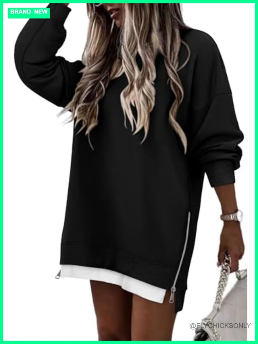 Oversized Crew Neck Sweatshirt Side Zipper Split Pullover Women